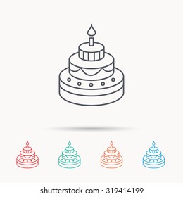 Cake icon. Birthday delicious dessert sign. Sweet food with candle symbol. Linear icons on white background. Vector