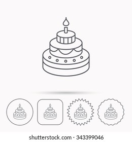 Cake icon. Birthday delicious dessert sign. Sweet food with candle symbol. Linear circle, square and star buttons with icons.