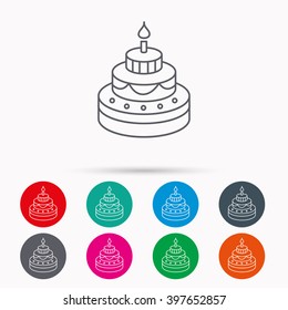 Cake icon. Birthday delicious dessert sign. Sweet food with candle symbol. Linear icons in circles on white background.