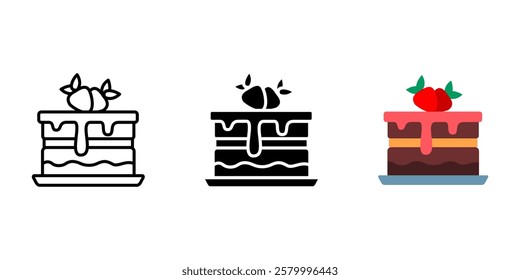 Cake icon. Birthday cake with icing sign. Confectionery pastry with frosting symbol. Chocolate cake with strawberry pictogram. Celebration dessert illustration.