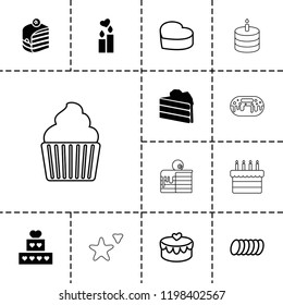 Cake icon. collection of 13 cake filled and outline icons such as heart lock, cookie, candle heart, donut. editable cake icons for web and mobile.