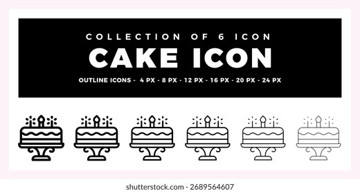 Kuchen-Symbol-Sammlung. 6 Umrisssymbole für Bäckerei. Party. und Geburtstagsdesigns