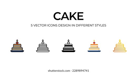 Cake Icon Design in Five style with Editable Stroke. Line, Solid, Flat Line, Duo Tone Color, and Color Gradient Line. Suitable for Web Page, Mobile App, UI, UX and GUI design.