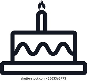 Cake icon. Festive cake with a candle and flame. Symbol of the holiday, birthday, anniversary, party.  Isolated vector illustration on a white background.
