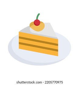 Icono de pastel. Diseño plano. Un trozo de tarta con cereza sobre plato blanco sobre fondo blanco. Para presentación, diseño gráfico, aplicación móvil. Ilustración vectorial.