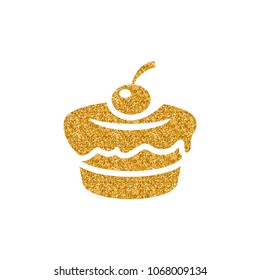 Cake icon in gold glitter texture. Sparkle luxury style vector illustration.