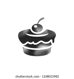 Cake icon in halftone style. Black and white monochrome vector illustration.