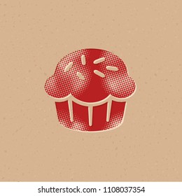 Cake icon in halftone style. Grunge background vector illustration.