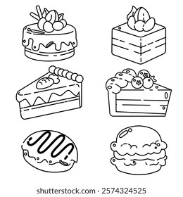 Cake Icon Logo Set. Bakery Linear icons. Macaroon, Square Cake, Donut, Triangle Cake, Circle Cake. Black Line on White Background.