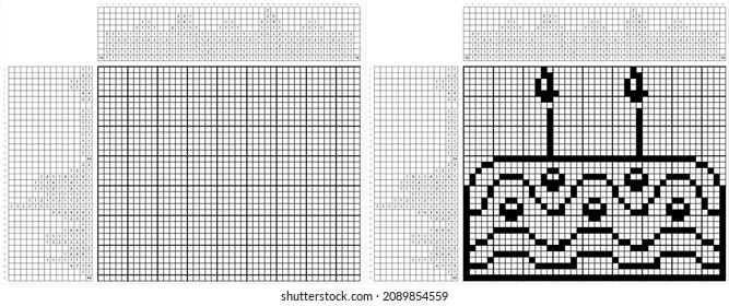 Cake Icon Nonogram Pixel Art, Food Icon, Baked Sweet Food Vector Art Illustration, Logic Puzzle Game Griddlers, Pic-A-Pix, Picture Paint By Numbers, Picross