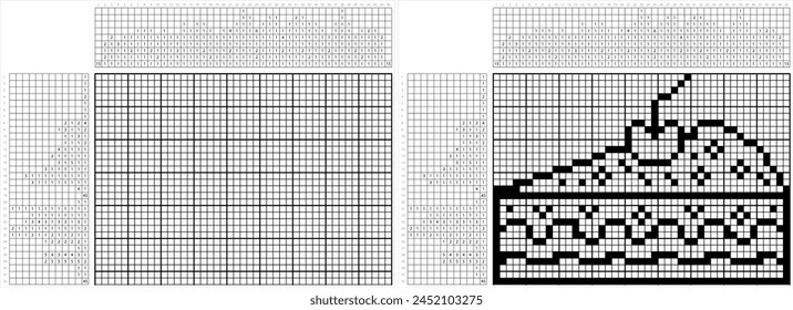 Cake Icon Nonogram Pixel Art, Food Icon, Baked Sweet Food Vector Art Illustration, Logic Puzzle Game Griddlers, Pic-A-Pix, Picture Paint By Numbers, Picross