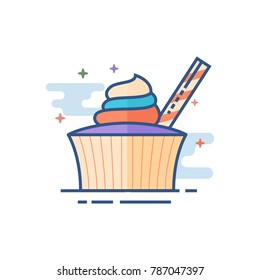 Cake icon in outlined flat color style. Vector illustration.