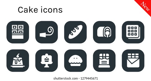  cake icon set. 10 filled cake icons. Simple modern icons about  - Chocolate, Party whistle, Bread, Snack cake, Waffle, Creme caramel, Cake, Pie, Chocolate bar