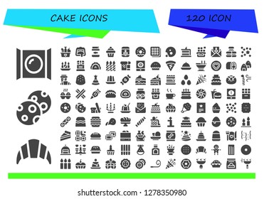  cake icon set. 120 filled cake icons. Simple modern icons about  - Candy, Croissant, Cookies, Food, Chocolate, Fish food, Muffin, Candle, Doughnut, Waffle, Cookie, Cake, Invitation