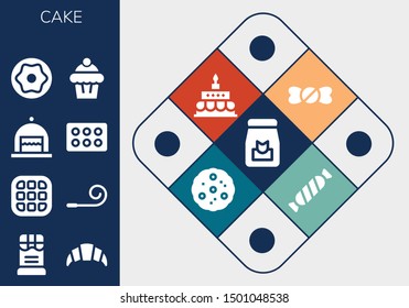 cake icon set. 13 filled cake icons.  Simple modern icons about  - Food, Chocolate, Croissant, Waffle, Party blower, Cake, Cupcake, Donut, Muffin, Candy shop, Birthday Cookie