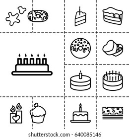 Cake icon. set of 13 outline cakeicons such as cake with one candle, donut, muffin, sweet box, candle heart