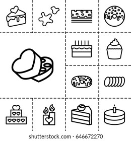 Cake icon. set of 13 outline cake icons such as donut, muffin, cake slice, sweet box, candle heart