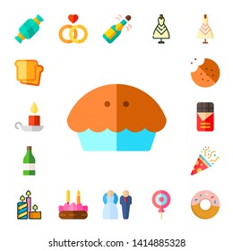cake icon set. 17 flat cake icons.  Collection Of - candy, bread, candle, pie, champagne, cookie, chocolate, confetti, candles, marriage, bride, bride dress, doughnut