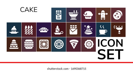 cake icon set. 19 filled cake icons. Included Chocolate, Cupcake, Brownie, Macaron, Waffle, Candy, Crepe, Pie, Candles, Cake, Candle, Chocolate bar, Party hat, Bouquet, Custard icons