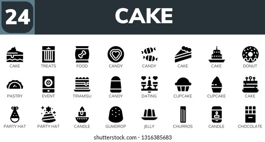 cake icon set. 24 filled cake icons.  Collection Of - Cake, Treats, Food, Candy, Donut, Pastry, Event, Tiramisu, Dating, Cupcake, Party hat, Candle, Gumdrop, Jelly, Churros, Chocolate