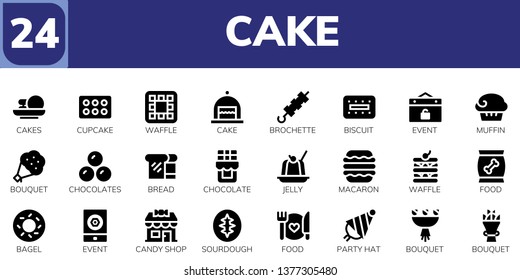 cake icon set. 24 filled cake icons.  Simple modern icons about  - Cakes, Cupcake, Waffle, Cake, Brochette, Biscuit, Event, Muffin, Bouquet, Chocolates, Bread, Chocolate, Jelly