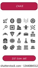 cake icon set. 25 filled cake icons.  Collection Of - Confetti, Sourdough, Macaron, Candy, Sweet, Waffle, Cake, Gingerbread, Croissant, Crepe, Bread, Food, Barista, Party hat