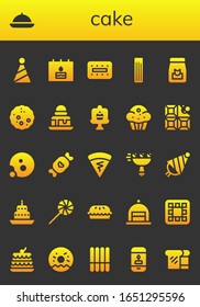 cake icon set. 26 filled cake icons.  Simple modern icons such as: Party hat, Food, Birthday, Biscuit, Churros, Bread, Brownie, Cake, Muffin, Chocolate, Cookie, Candy, Crepe, Bouquet