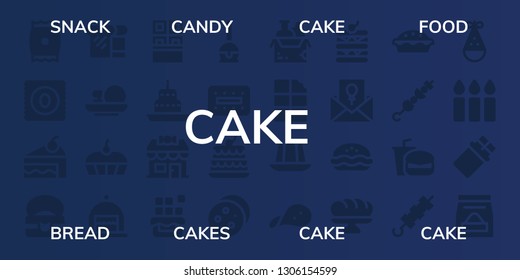 cake icon set. 32 filled cake icons. on blue background style Collection Of - Snack, Candy, Cake, Food, Bread, Cakes, Chocolate, Candy shop, pop, Biscuit, Cookie, Jelly, Waffle