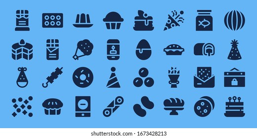 cake icon set. 32 filled cake icons. on blue background style Simple modern icons such as: Chocolate, Cake, Party hat, Confetti, Cupcake, Brochette, Pie, Jelly, Bouquet, Doughnut
