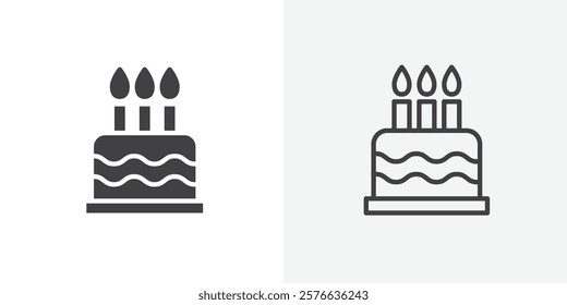 Cake icon set in black flat solid and outlined style.