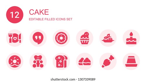 cake icon set. Collection of 12 filled cake icons included Food, Hangout, Donut, Cupcake, Pudding, Doughnut, Gummy bear, Toast, Bun, Pastry bag, Cake, Creme caramel