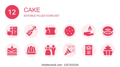 cake icon set. Collection of 12 filled cake icons included Breakfast, Champagne, Bread, Cookie, Pyre, Cake, Jelly, Bride, Confetti, Invitation, Donut, Cupcake