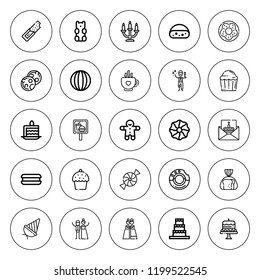 Cake icon set. collection of 25 outline cake icons with bread, bride, cake slice, candle, candy, celebration, cookie, donut, doughnut, cookies, food icons. editable icons.