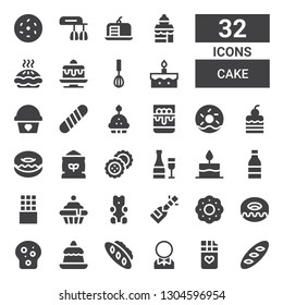 cake icon set. Collection of 32 filled cake icons included Bread, Chocolate bar, Groom, Pudding, Toast, Donut, Cookie, Champagne, Gummy bear, Cupcake, Cake, Biscuits, Flour, Doughnut