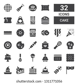 cake icon set. Collection of 32 filled cake icons included Party, Champagne, Jelly, Cake, slice, Pudding, Biscuit, Cupcake, pop, Mixer, Toast, Flour, Brochette, Cookie