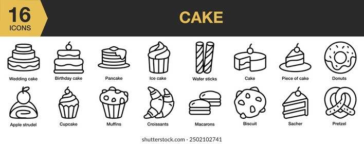 Conjunto de iconos de pastel. Incluye strudel de manzana, galletas, cruasanes, donas, pastel de hielo y más. Colección de Vector de iconos de contorno.