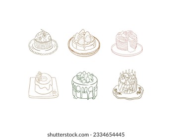 Cake Icon Set in Linie Art Stil. Vektorgrafik einzeln auf weißem Hintergrund