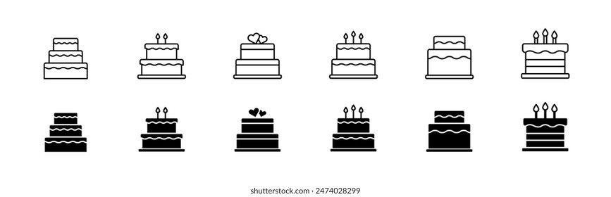 Cake icon set. Line and glyph birthday cake. Party cake set