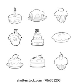 Cake icon set. Outline set of cake vector icons for web design isolated on white background