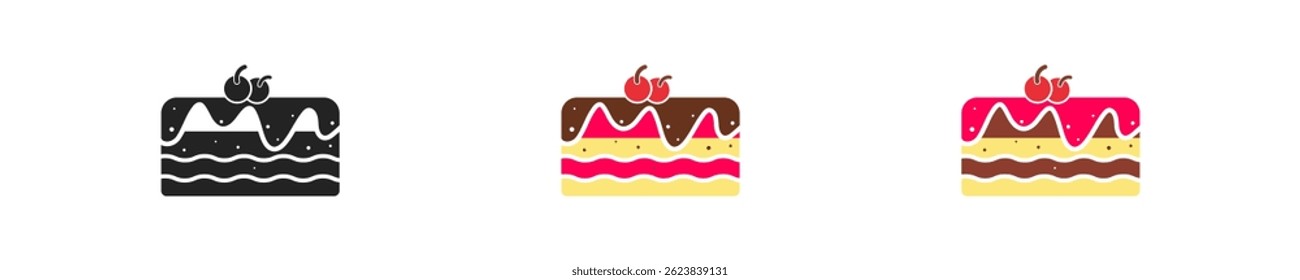 Cake icon set. Slice cake icons in vector design. Baking - dessert graphic sign. Desert for birthday illustration.
