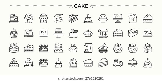 Cake icon set. Web icons pack. Vector illustration. Cake linear icon set. Pictograms of cupdessert, bake, celebration, birthday and more.