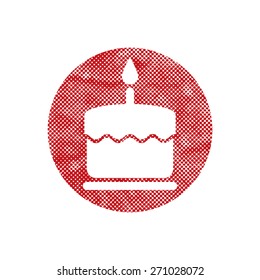 Cake icon with single candle with pixel print halftone dots texture.