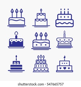 Cake Icon Symbol Set. Different Versions In Outline Style Design. Blue Color