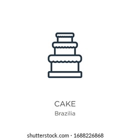 Cake icon. Thin linear cake outline icon isolated on white background from brazilia collection. Line vector sign, symbol for web and mobile