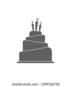 Cake icon with three lit candles isolated on white background. Design template for label, banner, logo or badge.