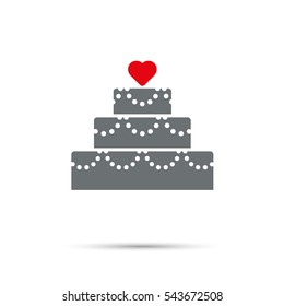 Cake Icon for Valentines Day. Red heart on three-tier cake