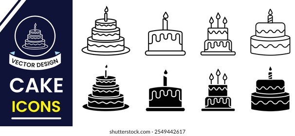 Cake icon, vector set design. Christmas cake line icon, sign and symbol. Silhouette of birth day cake icon, vector. Bakery linear icons and vector. Vector illustration.