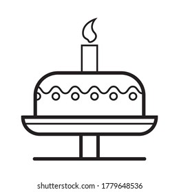 Cake icon vector in simple outline style. Congratulations on the birthday. Pastry on the plate and with a candle illustration. Wedding, valentine, romance symbol.