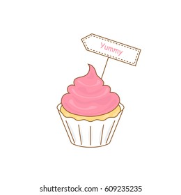 cake icon with yummy sign. concept of creamy product or calories and sugar meal on white background. yogurt romantic snack to coffee or tea drawing flat style trend simple logotype graphic tag design