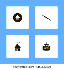 cake icons. cake, cupcake, cupcake heart and rolling pin vector icons set